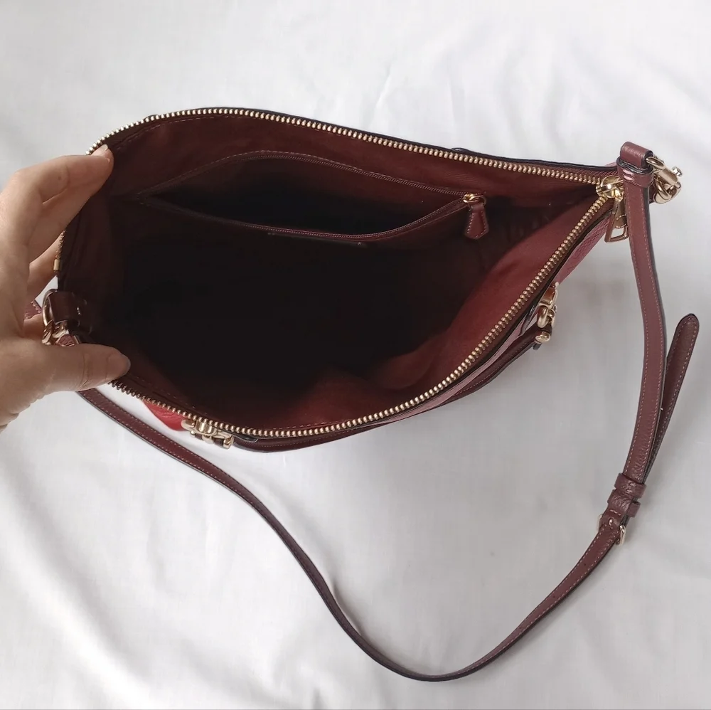 Coach Red Pebbled Leather Satchel with Dark Brown Trim and Gold Hardware